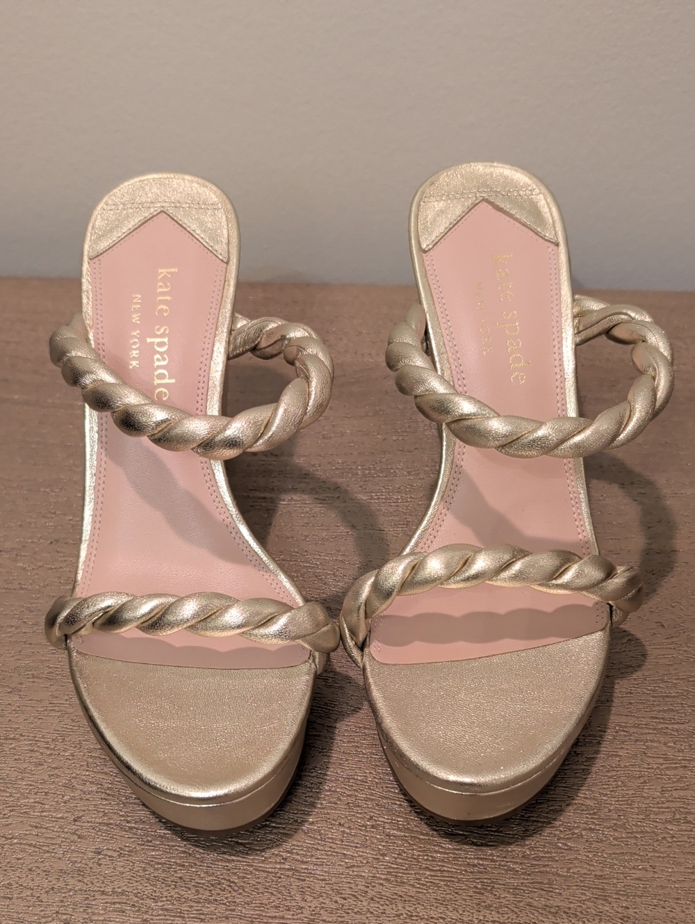 kate spade Metallic Gold Braided-strap Platform Sandals with Pink Insole